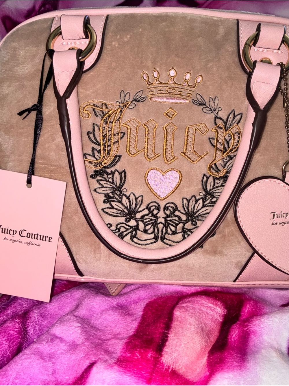 Juicy Couture Pink and Beige velour Embroidered Satchel